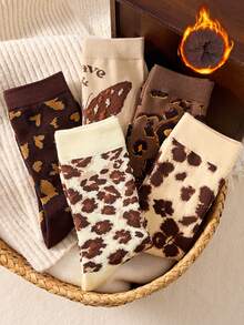 2 Pairs Women's Mid-Calf Socks, Burgundy Leopard Print Warm Thickened Socks, Suitable For Autumn/Winter Wear - Multicolor - View 3