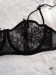 1 Set Pakaian Dalam Wanita Berenda Motif Patchwork dengan Kawat Penyangga dan Cup Tipis yang Nyaman - Hitam - View 5