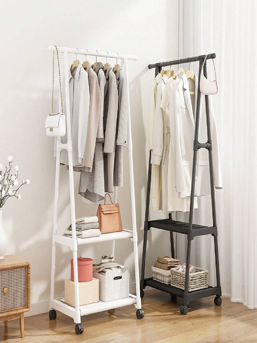 1pc White Rolling Garment Rack, Floor-Standing Open Wardrobe With Hanging Rod And Multi-Layer Storage Shelves, Large Capacity Clothing Organizer, Can Store Clothes, Shoes, Bags And Hats, Space-Saving Mobile Clothes Rack, Suitable For Bedroom, Dorm, Apartment, Entryway And Small Spaces, Minimalist Home Storage And Organization, Applicable For Spring, Summer, Autumn And Winter Home Storage, Random Style Shipment - Multicolor - View 1