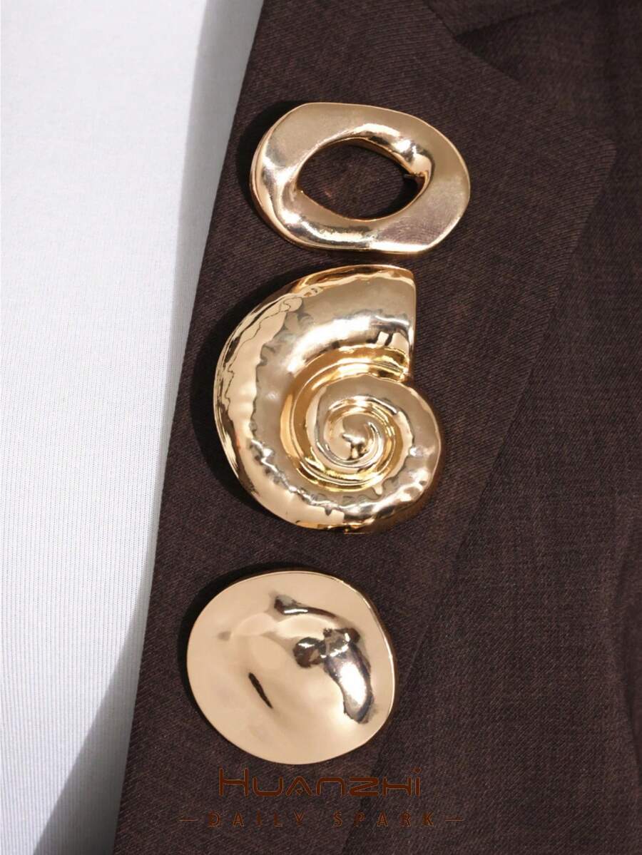 3pcs Minimalist Gold Brooch Set, Conch Shell Asymmetrical Geometric Hollow Pin, Suit Coat Accessory - Gold - View 1