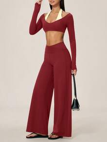 TimeOff Women's One Set Autumn/Winter Colorblock Halter V-Neck 2 In 1 Long Sleeve Cropped Top & Criss-Cross V-Waist Wide Leg Long Pants Yoga Set - Red - View 6