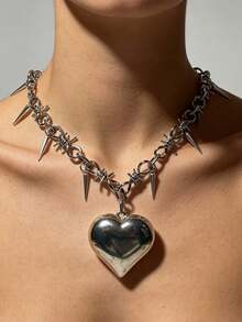 1 dây chuyền Gothic phong cách tiểu văn hóa tối màu hình trái tim, gai cá nhân hóa, phụ kiện vòng cổ xương quai xanh, punk, đính đinh tán, phù hợp cho nam, Halloween - Bạc - Xem 4