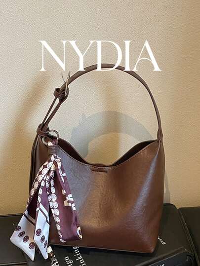 1 pieza Bolso de hombro tipo cubo vintage marrón café de PU para otoño/invierno, decoración con colgante de bufanda, gran capacidad, bolso de mano diario para mujer, bolso bandolera de doble correa para desplazamientos, adecuado para compras, viajes, trabajo y uso diario, bolso hobo de hombro de cuero sintético con efecto cera vintage para mujer