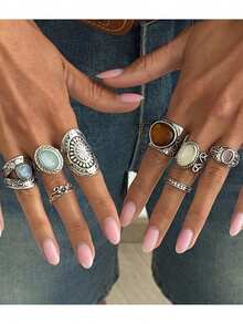 Vintage Distressed Antique Silver Carved Wide Band Ring, Fashion Gemstone Inlaid Exaggerated Stackable Ring Set - Multicolor - View 2