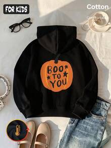 بلوزة هودي من الصوف الناعم للبنات بطبعة قرع برتقالي وعبارة BOO TO YOU للهالوين والخريف والشتاء - الأسود - مشاهدة 4