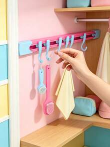 6/2/1pc Cute Pastel Style Plastic Long Strip Wall Mount Hook Rack With 10 Hooks, Punch‑Free Strong Load‑Bearing Hanging Holder, Multi‑Hook Wall Hanger, Suitable For Entryway, Bedroom, Bathroom, Dormitory, Closet, All‑Season Home Storage Organization - Multicolor - View 4