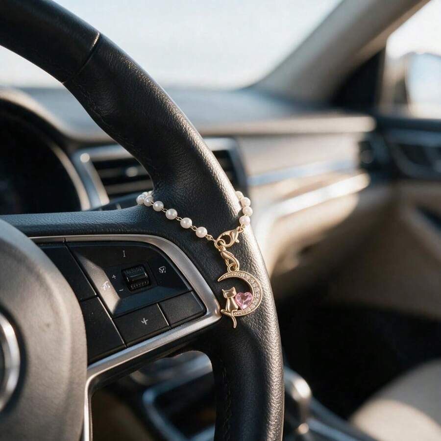 1pc Cute Moon Cat Pendant Car Steering Wheel Hanging Decoration, Car Interior Decor Accessory - A - View 1