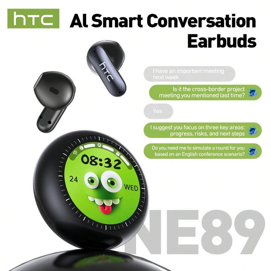 HTC NE89 Color Screen AI Translation Earbuds, Bluetooth 6.0, ANC Noise Cancellation, 48H Long Battery Life, Touch Control. Built-In Smart Screen For Real-Time Language Translation, Suitable For Travel, Business, And Sports - View 1