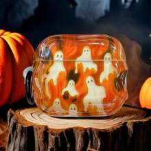 Warm Orange Flame Ghost Pumpkin Theme Earphone Protective Case, Paired With Black Round Ring Buckle, Transparent Warm Orange Gradient Shell Body, Floating Multiple White Little Ghosts, Background With Flame-Like Orange Texture, Full Of Halloween Atmosphere. Wavy Soft Shell Contour, Shell Fits Earphone Body Perfectly, Precise Charging Port Opening, Unobstructed Earphone Opening And Closing, Easy And Smooth Installation And Removal. - Orange - View 3