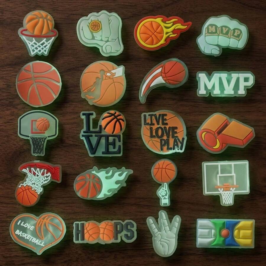 20pcs Basketball Theme Transparent Glow-In-The-Dark PVC Shoe Charms - Showcase Personalized - Ideal Gift For Basketball Fans