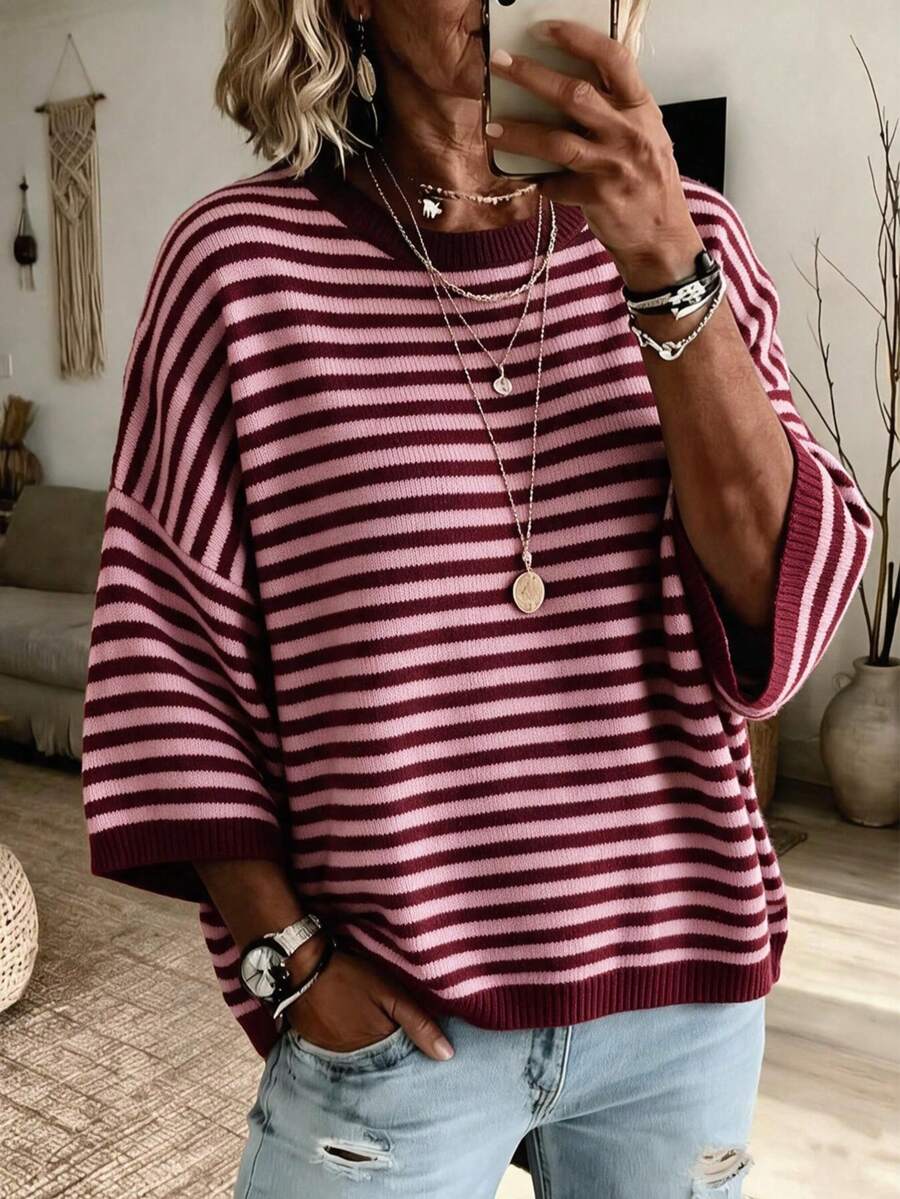 Women's New Autumn Contrast Color Striped Knit Top, Casual Daily Wear, Preppy Style - Maroon and Pink - View 1
