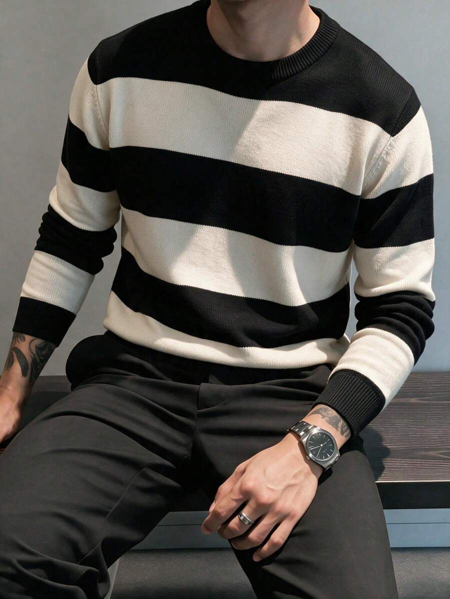 Men's Crew Neck Knit Sweater, Vintage Nautical Style Casual Pullover - Blue - View 1