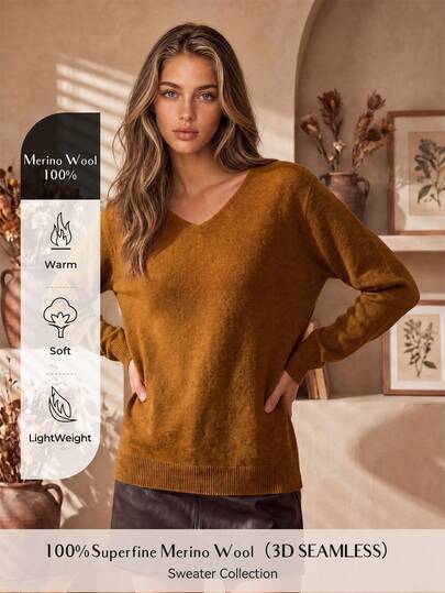 Women's 100% Merino Wool Sweater One-Line Seamless Sweater Women's V-Neck Sweater Fall Winter Sweater Long Sleeved Soft Knitted Pullover Autumn Outfit