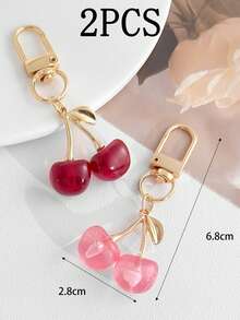 2PCS Multi-Color Strawberry & Cherry Keychains, Fashionable & Durable Bag Charms, Car Key Rings, Creative Small Gifts Suitable For Friends - Multicolor - View 2