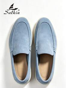 Salkin Classic Designer Handmade Men's Moccasin Affordable Luxury Slip On Loafers For Men Wide Toe Fit Suede Vegan Leather Dusty Blue Men Shoes Casual Shoes Men Flat Driving Shoes Holiday Gift - Baby Blue - View 7