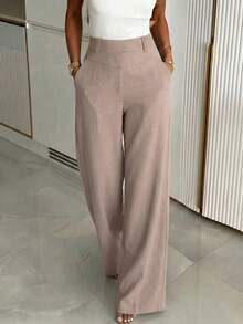 Women's Summer Autumn Basic High Waist Wide Leg Pants, Solid Color Office Business Casual Trousers, Linen Texture Loose Bottoms, Suitable For Back To School Season - Pink Apricot - View 4