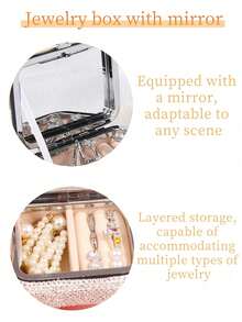 1pc Highly Attractive Shiny Artificial Rhinestone Jewelry Storage Box, Cosmetic Ring Earring Bracelet Organizer, Travel Portable Vanity Jewelry Box With Mirror, Creative Gift - Silver - View 7