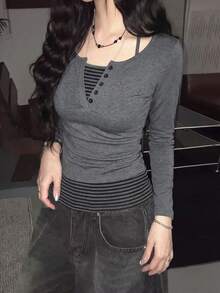 Striped Tank Top & Button Long Sleeve Design 2 Pieces Set - Grey - View 1