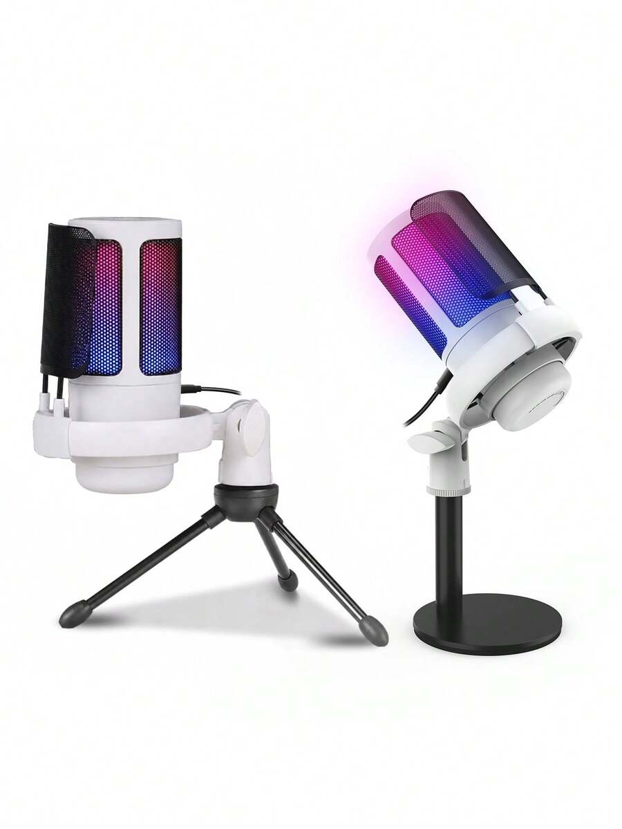 1個 USB 插頭 RGB 電競電容式麥克風，即插即用電腦麥克風，具備降噪、一鍵靜音、回聲音量控制、旋轉增益旋鈕，適用於直播、播客、遊戲、配音