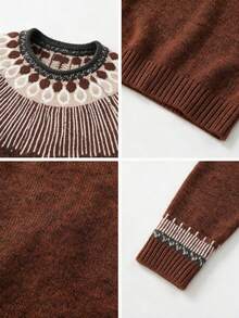 Women's Fall Winter Brown Fair Isle Pattern Soft Cozy Knit Crew Neck Long Sleeve Sweater, Relaxed Fit Vintage Casual Daily Office Work Commute Wear - Coffee Brown - View 9