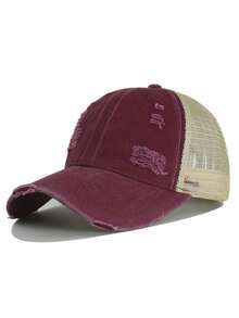 1pc Distressed Mesh Trucker Hat Unisex, Vintage Washed Ripped Cap, Adjustable Breathable Patchwork Sun Cap,Retro Streetwear Hat For Outdoor Daily Wear - A - View 13