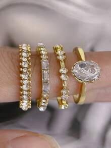 4pcs/Set Elegant Stackable Rings, Inlaid With Sparkling Cubic Zirconia Teardrop And Rectangular Symbols, Symbolizing Romance And Nobility, Suitable For Daily Wear - Gold - View 3