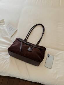 Casual Rectangular Fabric Underarm Bag, Adjustable PU Strap With Metal Buckle Design Spacious Ladies Shoulder Purse For Shopping - Coffee - View 7