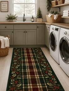 1pc Scottish Plaid Holly Christmas Long Runner Rug, Velvet Carpet, Suitable For Room Decoration, Indoor Door Mat, Living Room Rug, Kitchen Mat, Bedroom Carpet, Bathroom Mat, Washable Rug, Home Decor, Bedroom Decor, Non-Slip Wear-Resistant, Noise Reduction Soundproof, Skin-Friendly Soft - Scottish Tartan Holly - View 2