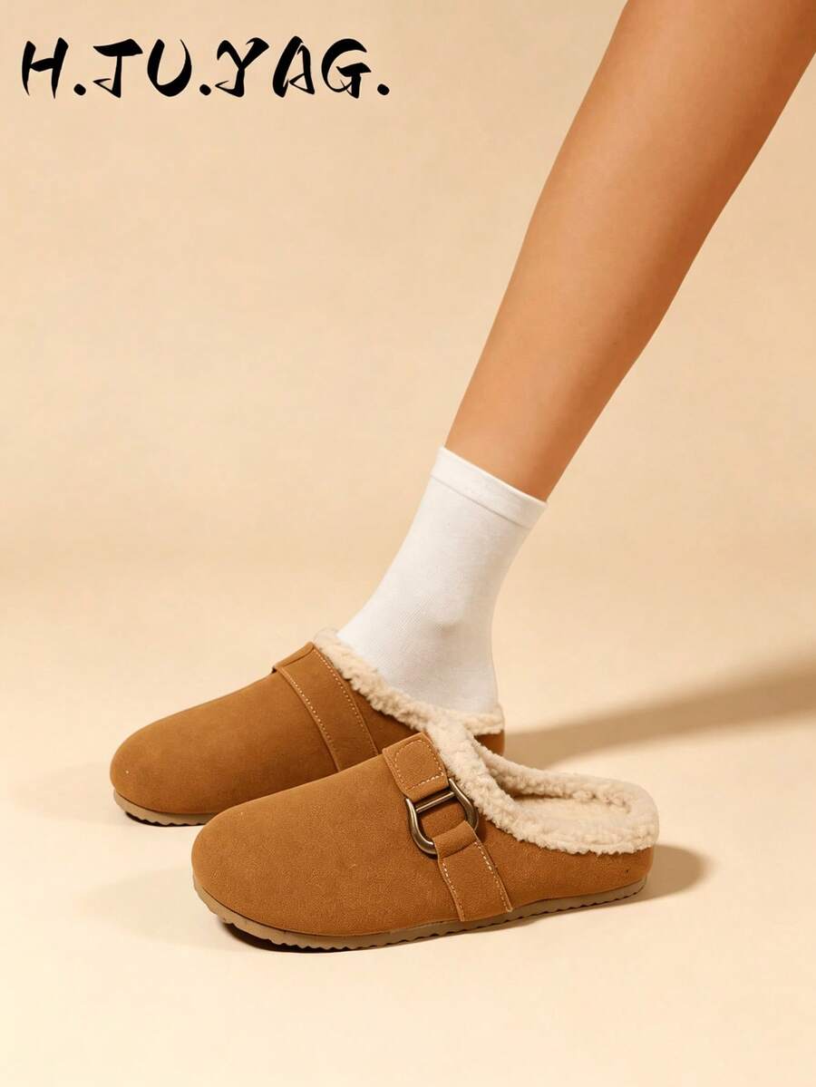 Women's Flat Slide Slippers, Comfortable Plush, Warm Thermal Lined, Round Toe Slip-On Mules, Suitable For Autumn/Winter Everyday And Indoor Wear,Fur Shoes - Camel - View 1