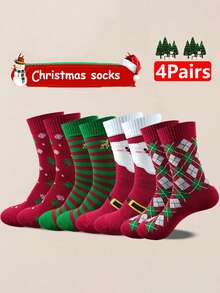 4 Pairs Unisex Red & Green Mixed Color Christmas Mid-Calf Socks, Soft Breathable Fun Holiday Socks, Suitable For Christmas Party And Vacation - Multicolor - View 3
