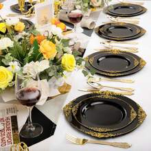 20pcs Black Carved Plates With Gold Rim, Exquisite Plates Suitable For Birthday Party, Family Gathering, Etc., Washable And Reusable - View 2