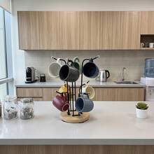 360 Rotating Mug Holder Iron Wood Grain Base 8 Hooks Drip Drain For Kitchen Counter Coffee Corner - Black + Wood Color - View 8