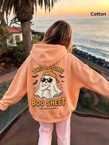 2026 Fall Custom Oversized Melon Orange Hoodie For Girls, Cute Bunny Print Casual Sweatshirt - Hami Melon Orange - View 11