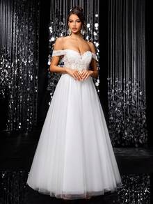 Elegant White Strapless A-Line Wedding Dress, Back Lace-Up Design, Tulle Skirt, Decorated With 3D Flowers And Pearls, Suitable For Weddings - White - View 8