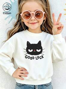 Kids' Pullover Hoodie: Cute Black Cat & GOOD LUCK Print, Round Neck Long Sleeve Loose Fit, - White - View 3