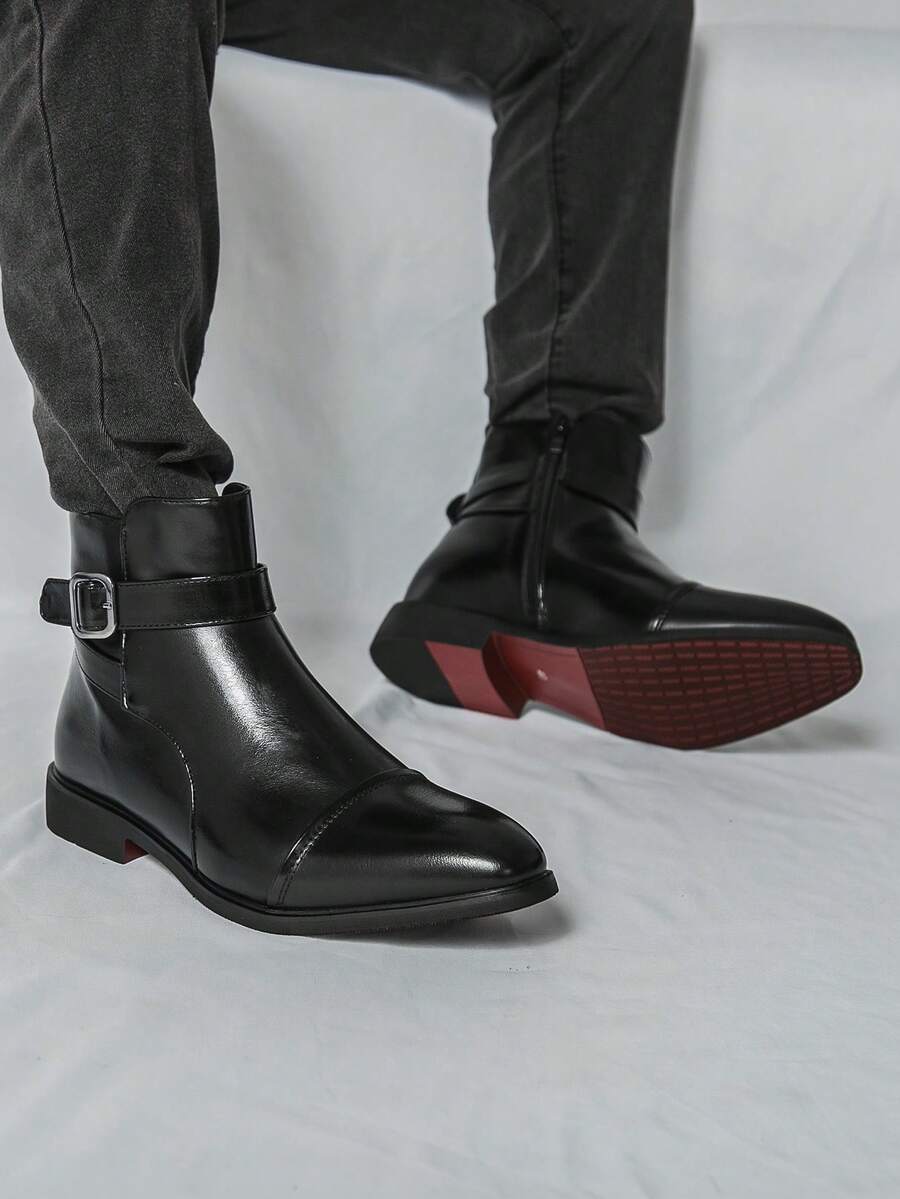 ZCZ Men Cap‑Toe Buckle Ankle Boots, Side Zip Pointed Toe Low Heel Vintage Business Casual Short Boots - Black - View 1