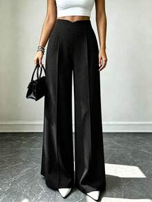 Fashion Plus Size Black Wide Leg Pants For Women, Elegant Long Non-Stretch Fabric Trousers, Creating A High-End Look - Multicolor - View 2