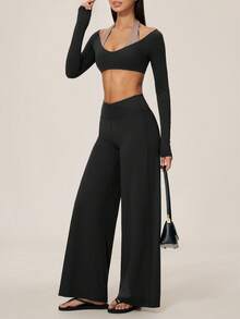 TimeOff Women's One Set Autumn/Winter Solid Color High Neck Long Sleeve Top With Side Pockets And Pleated Wide-Leg Pants - Black - View 6