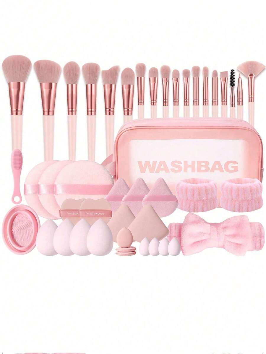 26/45PCS Makeup Tools Set With , Includes 1PC Waterproof Cosmetic Bag, 18PCS Makeup Brushes, Makeup Sponges, Powder Puffs, Hairband & Brush Cleaner, Complete Beauty Kit For Women - Pink - View 1