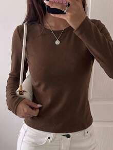 Women's Daily Round Neck Long Sleeve Casual Spring/Fall/Summer T-Shirt Top - Coffee Brown - View 1