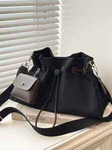 Women Color Block Drawstring Tote Crossbody Bag,Detachable Mini Coin Purse,Adjustable Strap,Large Capacity,Casual Preppy For Daily Commute Shopping - Black - View 10
