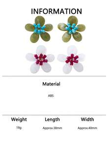 2 pares/sets de pendientes de botón con flores de resina en bloques de color dopamina, estilo pastoral, hechos a mano con cuentas, pendientes de flores grandes - Blanco-verde - Ver 6