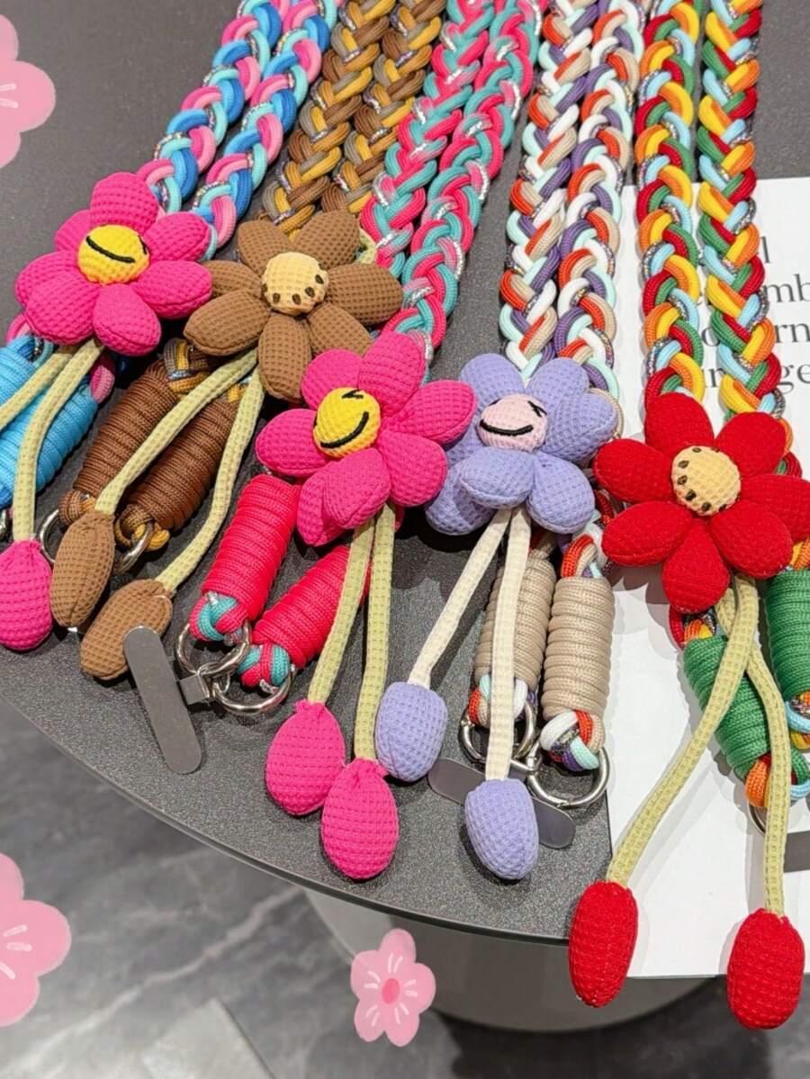 Cordón para teléfono con flor creativa, largo, cruzado, portátil, multifunción, con trenzado de alambre dorado, cuerda creativa para teléfono