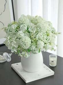 1pc Artificial Hydrangea & Chrysanthemum Mixed Flower Bouquet, Faux Silk Ball Flower Bunch With Green Leaves, Fall Autumn Home Vase Arrangement, Wedding Table Decor - Green - View 2