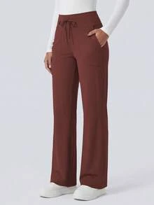Sodalemon Women's Drawstring Training Pants, Straight Leg, Side Pockets, Loose Fit, Athletic, Pilates, Casual, Solid Color, Running, Hiking, Comfy, Breathable - Burnt Orange - View 6