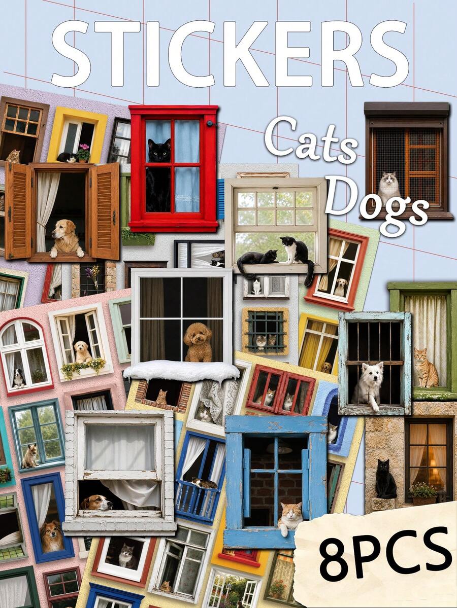 8pcs Cat And Dog For The Windowsill Stickers Notebook, Planner, Phone Case Decorative Decals Gift - A - View 1