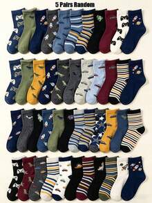 5/10/20 Pairs Random Color Crew Socks, Lovely Cartoon Graphic Children Socks With Planet Dinosaur Designs Soft Socks For Boys Daily Boys All Seasons - Multicolor - View 5