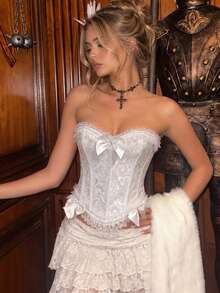 Apperloth A Y2K Sexy Jacquard Fitted Corset Top With Lace Ruffle Trim, Back Lace-Up Open Back Bustier Top For Women, Suitable For Date, Birthday, Party - White - View 3
