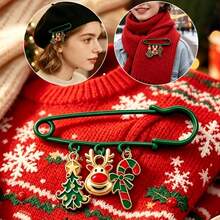 Christmas Theme Safety Pins Brooch Set, Reindeer Christmas Tree Candy Design Sweater Pin, Festive Decorative Brooch For Women, Daily Wear Coat Scarf Hat Fixing Pin, Party Ornament Gift Box Card Decor, Holiday Mood Small Accessory - 1PC - View 1