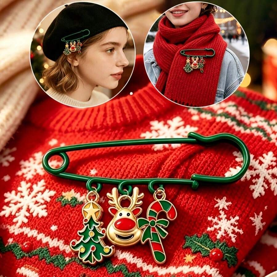 Christmas Theme Safety Pins Brooch Set, Reindeer Christmas Tree Candy Design Sweater Pin, Festive Decorative Brooch For Women, Daily Wear Coat Scarf Hat Fixing Pin, Party Ornament Gift Box Card Decor, Holiday Mood Small Accessory - 1PC - View 1